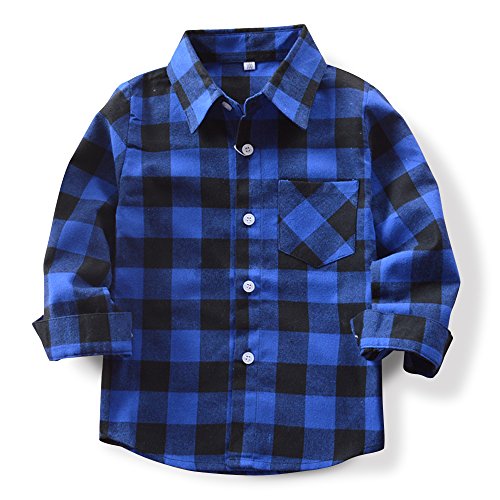 Image of OCHENTA Little Kids Boys' Girls' Long Sleeve Button Down Plaid Flannel Shirt E005 Blue Black Tag 180CM - 12-13 Years