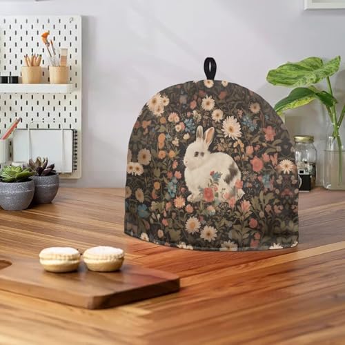 Image of Flower & White Rabbit Print Handmade Tea Cozy Kitchen Home Decorations Teas Cosy Creative Gifts Tea Cozies for Teapot Keep Warm Double Tnsulated Kettle Cover for Office
