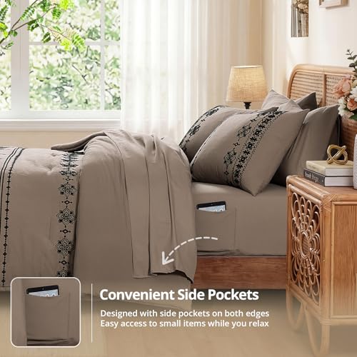 Image of MaiReve Full Size Comforter Set Embroidery Floral 7 Pieces Bed in a Bag