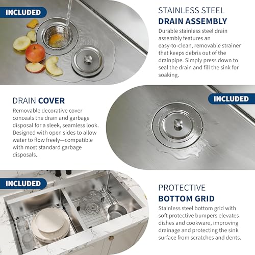 33 Inch Undermount Double Bowl Kitchen Sink, with 2.0mm Rim Thickness and 1.0mm Body Thickness, Stepped Design, Brushed Finish,with Bottom Grid and Drain Strainer by PeakPursuit - Used condition - Image 6