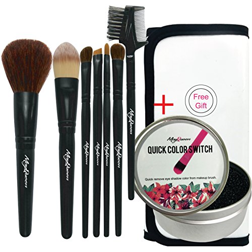 MayQueen 8 Travel Natural Hair Makeup Brushes Set With Classic Pouch & Gift Case, Free Gift 1 Makeup Brush Quick Color Cleaner (Essential Collection)