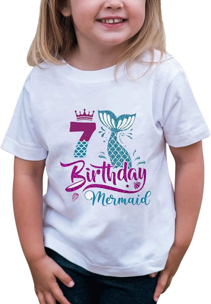 7th Birthday Shirt for Girls, Dress for Girls, T Shirt for 7 Year Old Gift Outfit, Decoration Mermaid Clothes White - Image 2