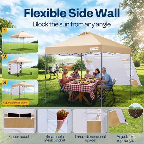 Image of VIVOHOME 10x10ft Pop Up Canopy Tent with Sidewall and 6 Pockets, One Push Setup Outdoor Portable Shelter Tent Heavy Duty with Wheel Carry Bag and 4 Sandbags, Beige