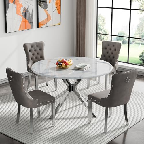 Image of 5-Piece Round Dining Table Set for 4, Modern Faux Marble Kitchen Table and Grey Velvet Chairs Set of 4, Luxury 45 inch Circle White Silver Dining Room Tables with Stainless Steel Cross Legs