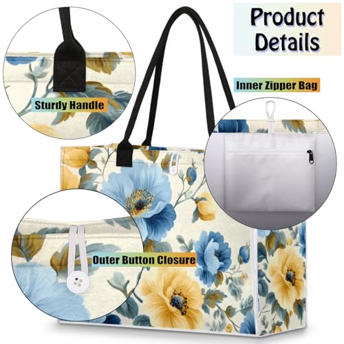 Vintage Blue Yellow Flowers Tote Bag for Women Large Beach Bag Reusable Tote Bags for Work Travel Beach Shopping4