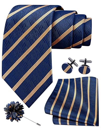 Image of GUSLESON 3.15 inch(8cm) Mens Stripe Tie and Lapel Pin Necktie Hankerchief Cufflinks Set for Men