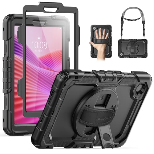 SEYMAC Funda para Lenovo Tab One/Tab K9 de 8,7 Pulgadas 2025 (TB305XU/TB305FU), Funda para Lenovo a Prueba de Golpes con Protector de Pantalla, Soporte Giratorio de 360°, Correa para el Hombro, Negro