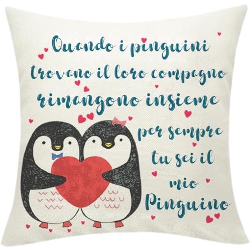 Zalingo Regalo Federe Cuscini Copricuscino Decorativa con Pinguini Innamorati, 45 x 45 cm Regalo di Anniversario