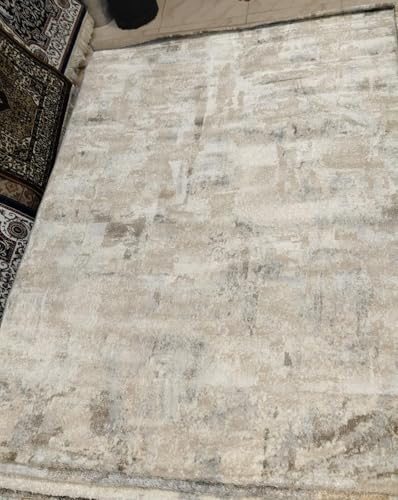 Image of 3x5 Feet (90x150 CM) Carpet for Bedroom Living Room & Hall - Beige Botanical Modern Abstract Geometric Silk-Touch Luxury Hotel-Style Washable Anti-Skid Turkish Area Rug