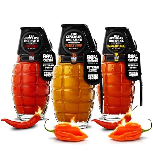Product Image of the The General's Hot Sauce Gift Set, Heat Seeker Gourmet Variety 6 oz 3-Pack, Habanero & Cayenne Peppers, 3/5–4/5 Heat, Natural Spicy Sauce for Wings, Ribs, BBQ, American Grown, Veteran-Owned, Vegan