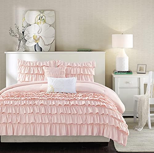 Intelligent Design Cozy Comforter Casual Waterfall Multi Layer Ruffle All Season, Hypoallergenic Cover, Soft Bedding Set with Matching Sham, Decorative Pillow, Full/Queen(90"x90"), Blush