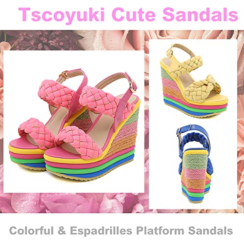Tscoyuki Double Woven Band Wedge Sandals For Women, Cute Colorful Espadrilles Platform High Heel Sandals Ankle Strap Open Toe Slingback Summer Shoes #TOP2