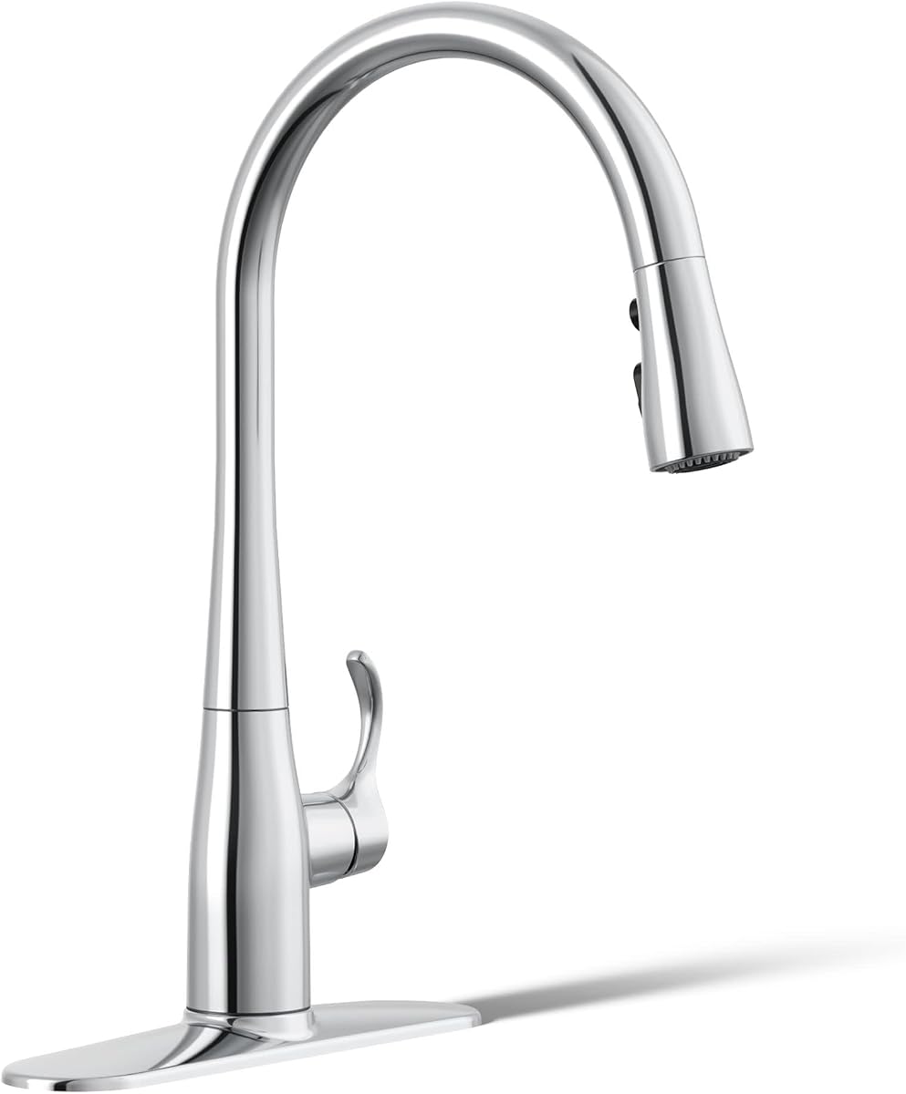 KOHLER 596-CP Grifos para fregadero de cocina Simplice con rociador desplegable, diseño de 3 rociadores, grifos de cocina de cromo pulido, arco alto