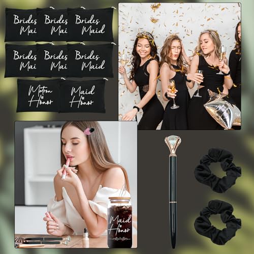 56 pcs Bridesmaid gifts bridesmaid proposal gifts, Maid of Honor Gifts contain 16oz Glass Cups Cosmetic Makeup Bags Invited Cards Scrunchies Hair Knotted Bracelets Diamond Pens love clip (Black)4