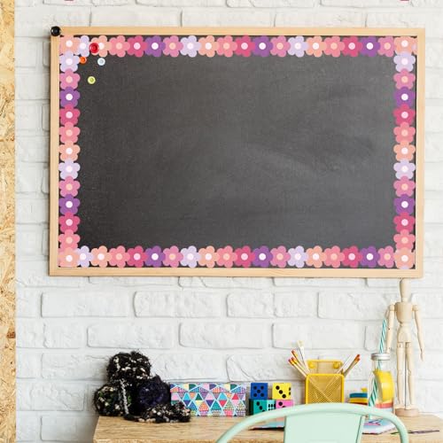 Image of Whaline 32.8ft Preppy Hippie Flower Bulletin Board Borders Y2K Pink Purple Flower Die-Cut Rolled Bulletin Board Trim for School Classroom Office Decor