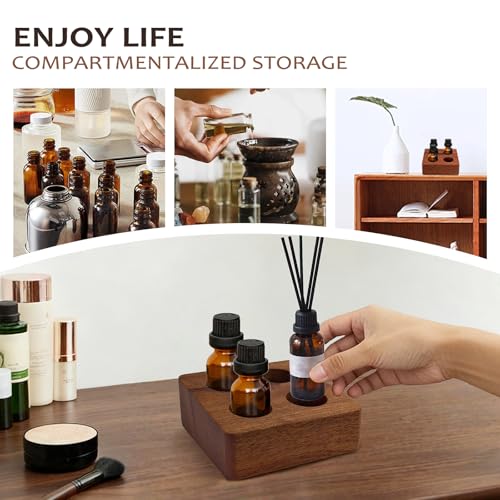 Image of VolksRose Angled Wenge Essential Oil Organizer for 5-20ml Bottles - 4 Hole Mini Storage Holder, Compact Display Stand for Travelers, Oil Beginners, Aromatherapy Countertop Shelf for Home & Spa