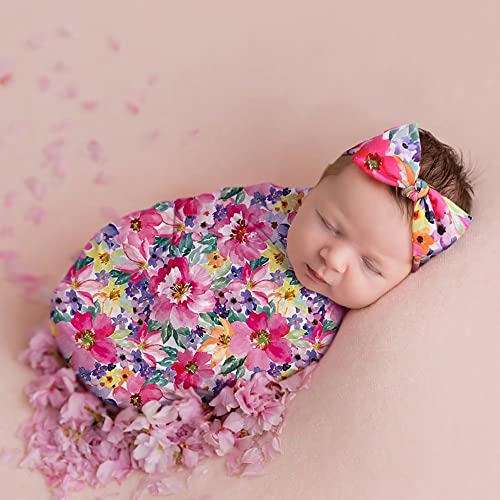 Image of Receiving Blankets for Baby Girls Swaddle Blanket with Headband Set for 0-3 Month Cotton Knitted Newborn Swaddle Wrap Perfect Shower Gift (Rose Flower)