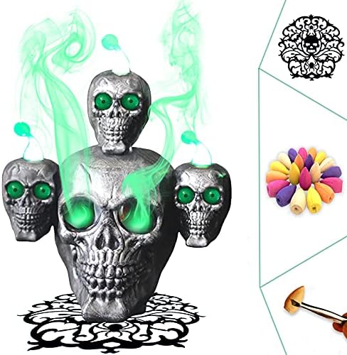 KonohaELF LED Cool Skull Incense Burner/Horror Skull Lamp, Incense Holder - Contains 20 Backflow Incense Cones, 9 Luminous Eyeballs for Halloween/Bar/Haunted House Party Decoration