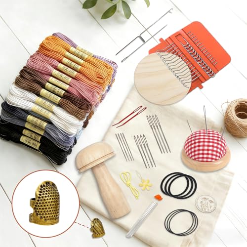 Speedweve Stopf-Mini-Webstuhl-Sets mit 50 farbigen Fäden, Mini-Stopfpilz, komplettes Stopf-Set für Anfänger zum schnellen Ausbessern von Jeans und Socken, kunstvolle DIY-Muster, Reparatur von Kleidung