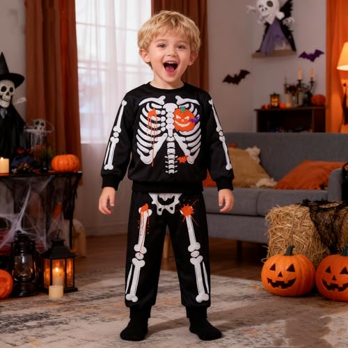 Naiyafly Toddler Kids Skeleton Halloween Outfit Boys Girls Skull Pumpkin Print Long Sleeve Pullover Sweatshirt Jumper + Jogger Pants 2Pcs Fall Clothes Set Tracksuit Pajamas 1-7 Years - Image 5