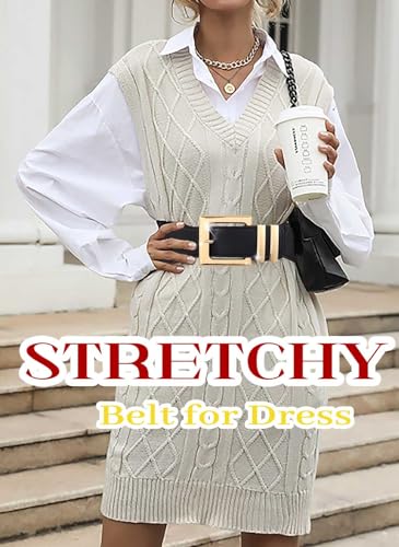 Tgirls Women's Elastic Belt Vintage Stretchy Waist Belts Gold Buckle Wide Belt Cinch Leather Waistband for Dress3