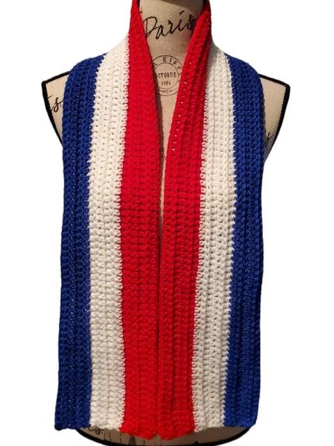 Handmade Red White & Blue Patriotic Scarf – Crochet Neck Warmer – Soft Acrylic Americana Accessory – Long Lightweight Scarf for Women & Men – 4th of July, Election Day Gift4