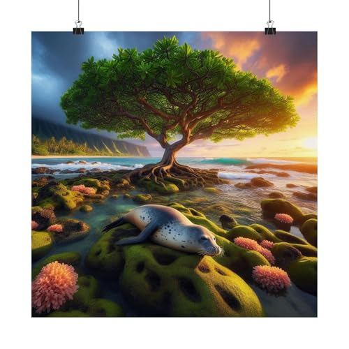 Hala Tree and Hawaiian Monk Seal Poster – Coastal Reef Zones in Kauai, Hawaii – Made in USA – 18x18 Inch