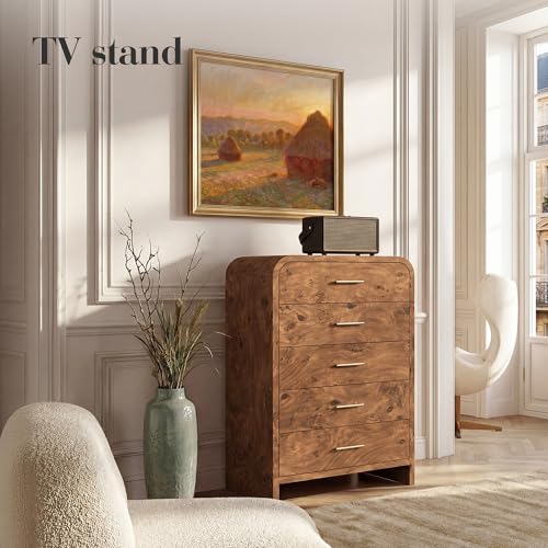 Image of Curved 5-Drawer Dresser for Bedroom, 45.59 inch Tall Modern Chest of Drawers, Wooden Chest of Drawers for Living Room, Closet Storage Organizer Furniture, Nursery, Hallway, Dark Burl