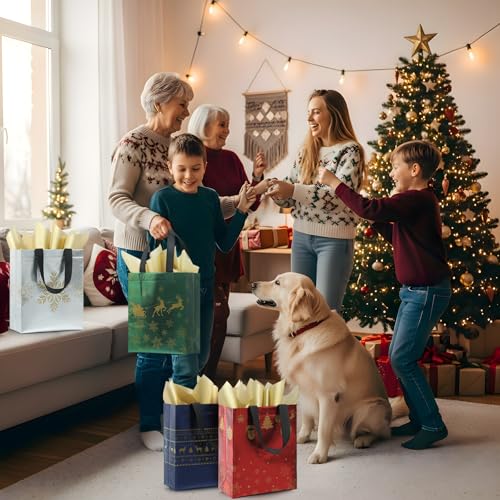 STYPOP 16 Pack 10" Christmas Gift Bags Medium Size with Tissue Paper, Reusable Non-Woven Christmas Tote Bags with Handles, Perfect for Holiday Gift Wrap/Party Favor Supplies, 10.2" × 8.3" × 4" - image 6