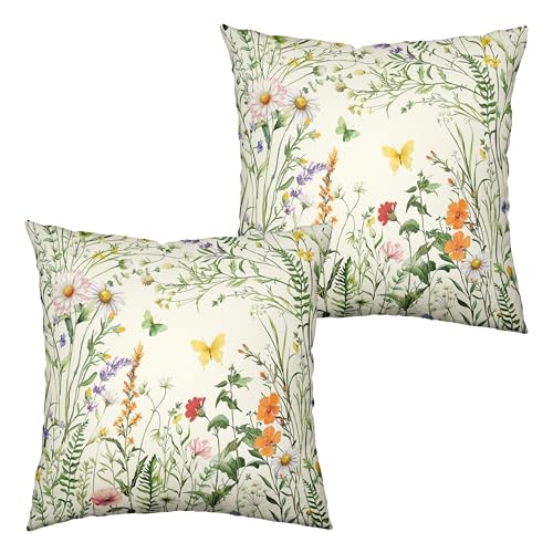 Kwlegh Wildflowers Pillow Covers Sage Green Rustic Floral Throw Pillow Covers 20x20 Set of 2 Spring Decoration Flower Butterfly Farmhouse Pillowcase for Living Room Couch Sofa