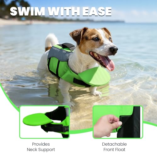 Image of VIVAGLORY Dog Life Vest Front Float Dog Swim Vest, M, Bright Green | Life Jacket with Chin Float & Handle for Swimming & Boating, High Visibility Adjustable for Doggy Cat Puppy
