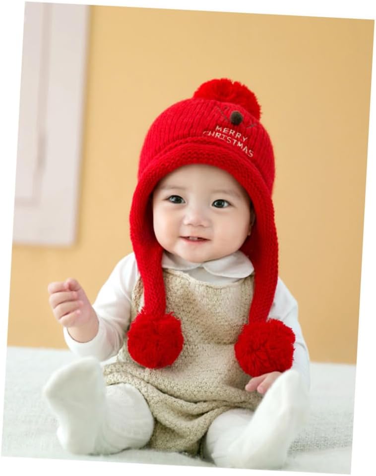 COLLBATH Unisex Toddler Christmas Hat Plush Santa Knit Hat for Kids Warm Wool Beanie with Ear Flaps