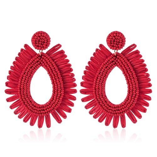 Raffia Statement Beaded Earrings Boho - Handmade Teardrop Dangle Earrings for Summer Beach Vacation