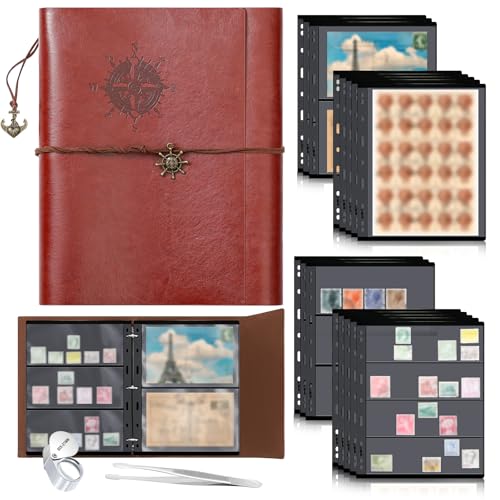 Image of Stamp Collecting Album Binder Kit for Collectors, 1 /2 /3 /4 Rows Banknotes Storage Book with 20 Stamp Pages, 4 Ring Binder, Tweezers and Magnifier, for Paper Money Bill Postage, Beginner Hobbyists Gift