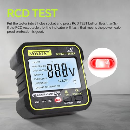 NOYAFA Tester gniazd wtykowych RCD z 7 rodzajami diagnostyki błędów i wyświetlaczem LCD napięcia upływu FI, 90-250 V/50-60 Hz do testu bezpieczeństwa wtyczki, test uziemienia