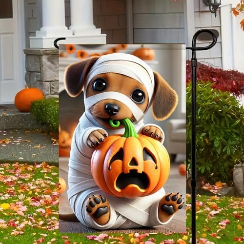 Image of Garden Flags - 12x18 Inch Double Sided Trick or Treat Dachshund Halloween Dog Skeleton Decorations for Outside