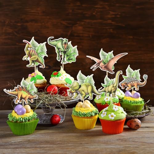 28 PCS Dinosaur Cupcake Toppers, Dinosaur Cake Toppers Decorations Dino Cupcake Picks Party Supplies for Kids Dinosaur Theme Birthday Party Baby Shower (Green-28)