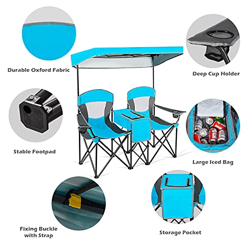 Middow Silkydry Double Camping Chairs, Folding Loveseat Camp Chairs W/Adjustable Uv Protection Shade, Cup Holders, Cooler & Carry 28.5D X 65.5W X 59.5H In #TOP5