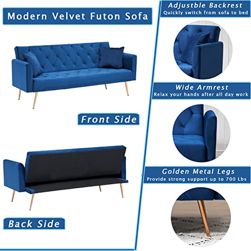 Kinffict Velvet Futon Sofa Bed With 2 Pillows, Convertible Sleeper Sofa Couch With 3 Angle Adjustable Backrest, Modern Loveseat With 4 Golden Metal Legs For Living Room And Bedroom (Blue) #TOP2