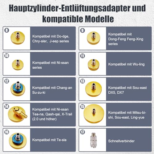 Gedlex 17-TLG Adapter Bremsflüssigkeitsbehälter, Aluminium Auto Bremsflüssigkeitswechselgerät Adapter mit Schnellkupplung, Bremsenentlüftungsgerät Adapter Passend für die Meisten Fahrzeugmarken