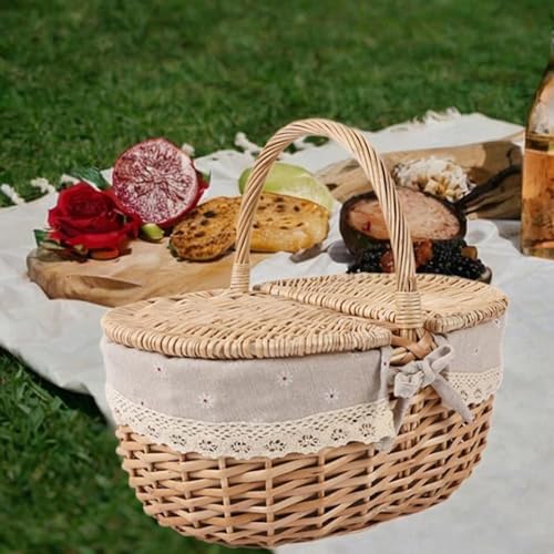 MYCENSE Wicker Picnic Basket Wicker,Woven Basket with Lid and Handle,Portable,Storage Basket Wicker Storage Hamper for Park Parties, Beige Gray, Large