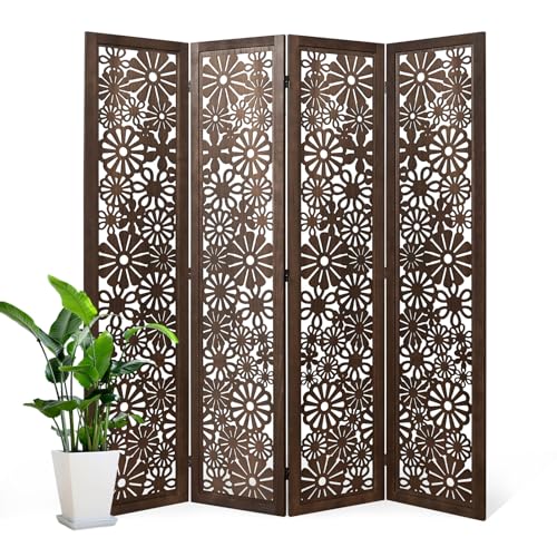 Folding Wood Room Divider Panel, 5.6 FT Tall Daisy-Carved Privacy