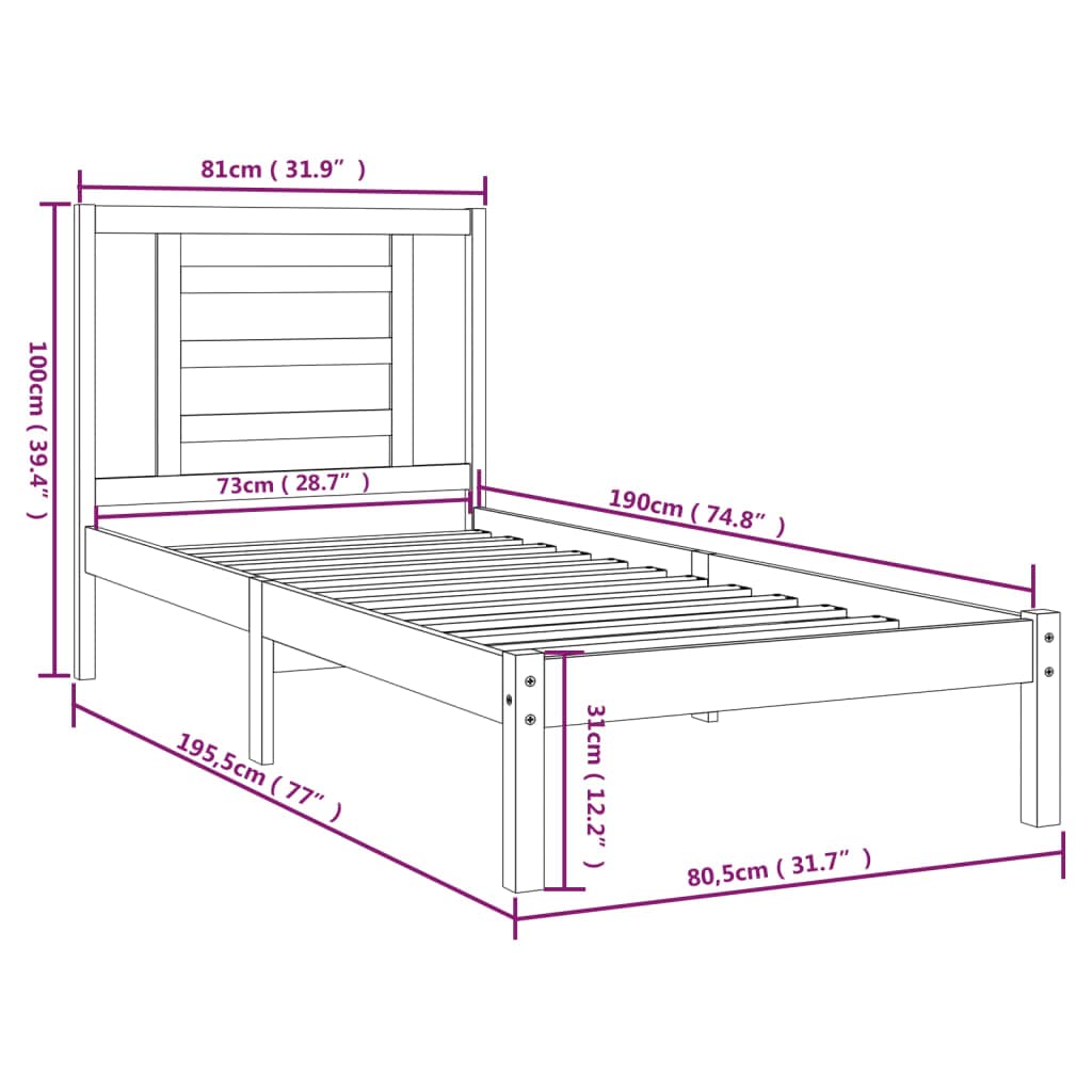 lite drewno sosnowe nowoczesny wystrój sypialni pojedyncza biały 75x190 cm | Rama łóżka biała lite drewno sosnowe 75x190 cm pojedyncza z zagłówkiem solidna konstrukcja do sypialni