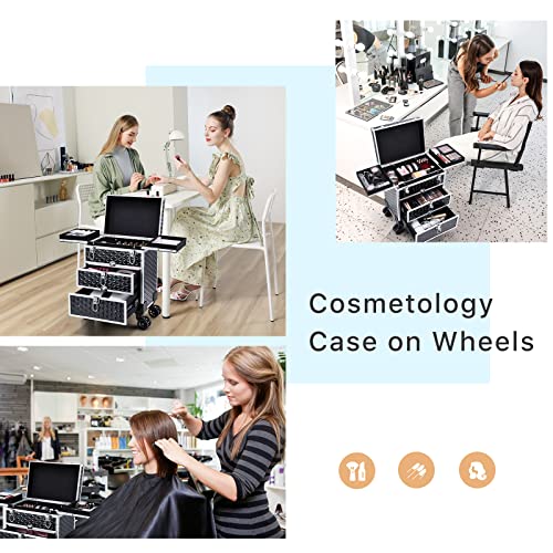 Frenessa Professional Rolling Makeup Case Aluminum Trolley Train Case With 360° Swivel Wheels For Makuep Artist Travel Cosmetic Organizer With Sliding Drawers For Nail Tech Hairstylist Barber thumb #1