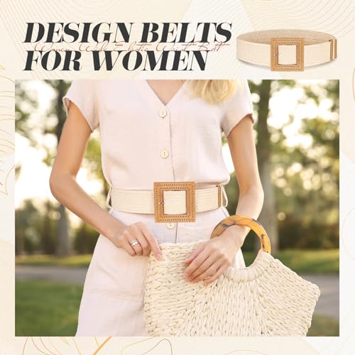 Image of Syhood 3 Pieces Straw Woven Elastic Waist Belt for Women Bohemian Dress Braided Belt
