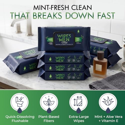 Image of Pursonic Soft Mint Flushable Wipes for Men - 4 Packs of 100ct (400 Total) - Plant-Based Face & Body Wipes with Aloe Vera & Vitamin E - Extra Large for Gentle & Thorough Cleansing