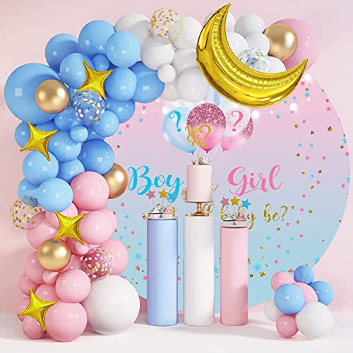 Gender Reveal Round Backdrop Cover Boy Or Girl He Or She Pink Blue Balloons Baby Shower Party Photography Background Gender Reveal Circle Backdrop Cover Decoration 7.2Ft #TOP2