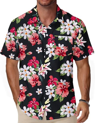 WISMBOX Hawaiihemd Herren Kurzarm mit Brusttasche, Buntes Sommerhemd Regular Fit, Funky Aloha Strandhemd für Urlaub Freizeit & Party