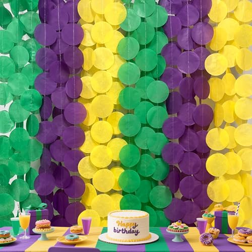Image of 205 Ft Mardi Gras Party Decorations Purple Green Yellow Circle Dot Backdrop Garland Tissue Paper Polka Dots Hanging Streamer for Mardi Gras Birthday Wedding Baby Shower Masquerade Party Supplies