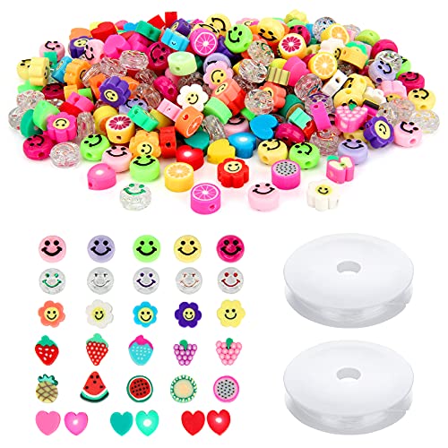 300 Pcs Smiley Face Beads Mixed Fruit Love Heart Shape Color Polymer Clay Beads Spacer Beads with 2 Roll 8Meter Clear Elastic String for Bracelet Necklace Earring Making DIY Jewelry Crafts, 5 Styles